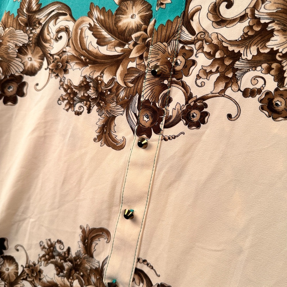 B&Y Women Teal Floral Paisley Scroll Tunic Top Stud Buttons Size 48 (US 16/18) - Picture 10 of 11